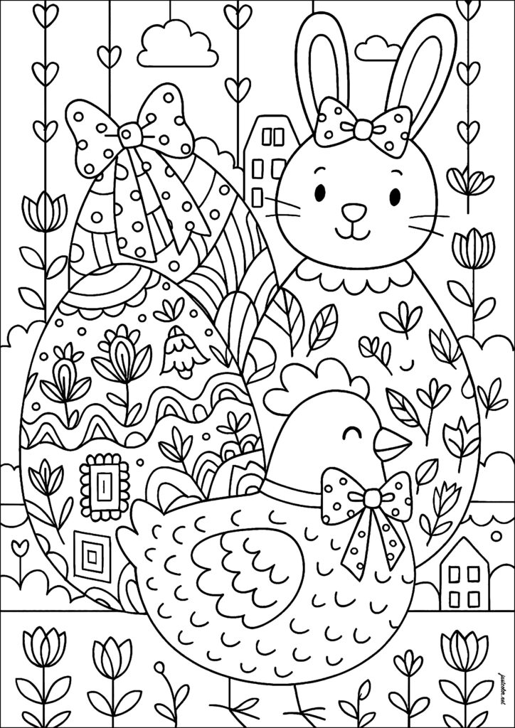 Easter coloring page showing a large rabbit and chick decorated with bows, surrounded by patterned eggs, flowers, and small houses.