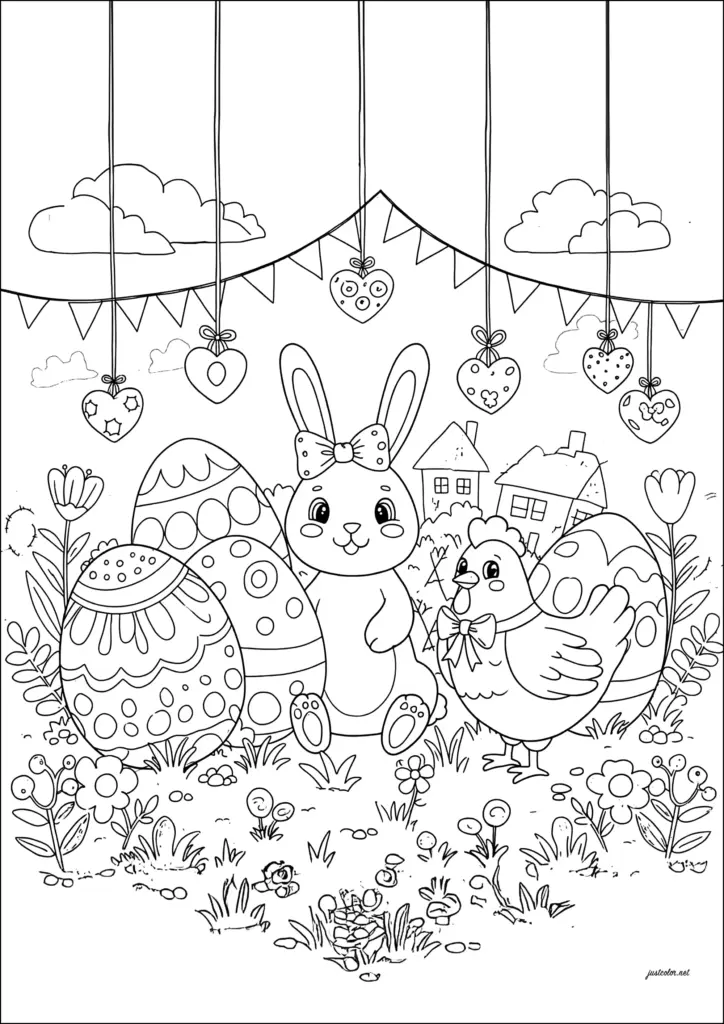 Easter coloring page showing a bow-wearing bunny and a chicken among decorated eggs, flowers, and hanging heart ornaments.