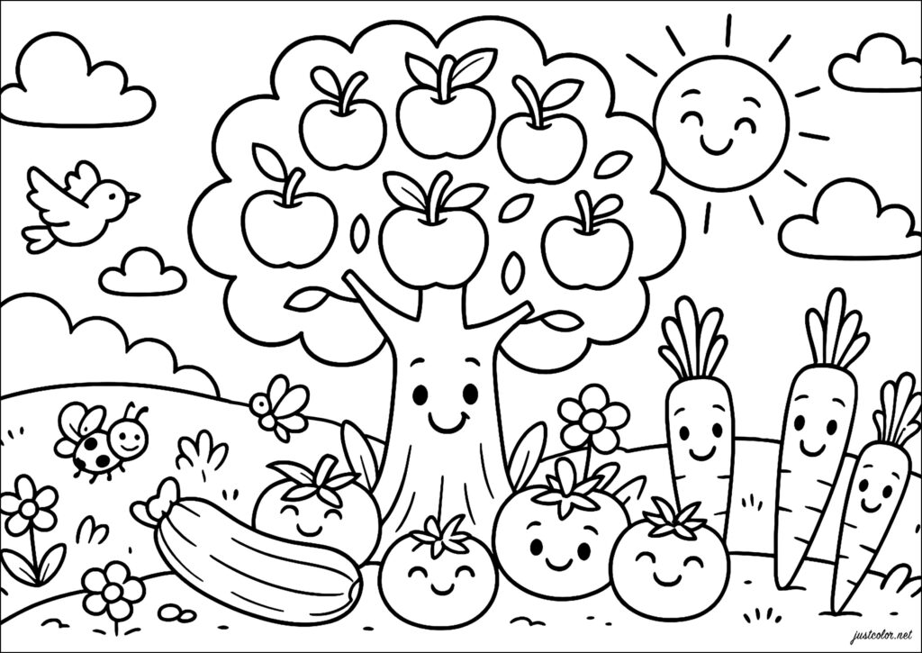 Black-and-white coloring page of a smiling apple tree laden with apples, surrounded by smiling carrots, other vegetables, flowers, a ladybug, birds, clouds, and a sun.