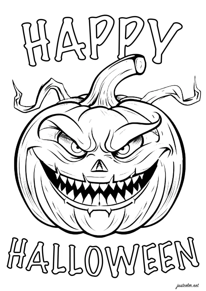 Halloween coloring page with a large grinning jack-o’-lantern, curling stem and vines, and outlined “HAPPY HALLOWEEN” lettering.