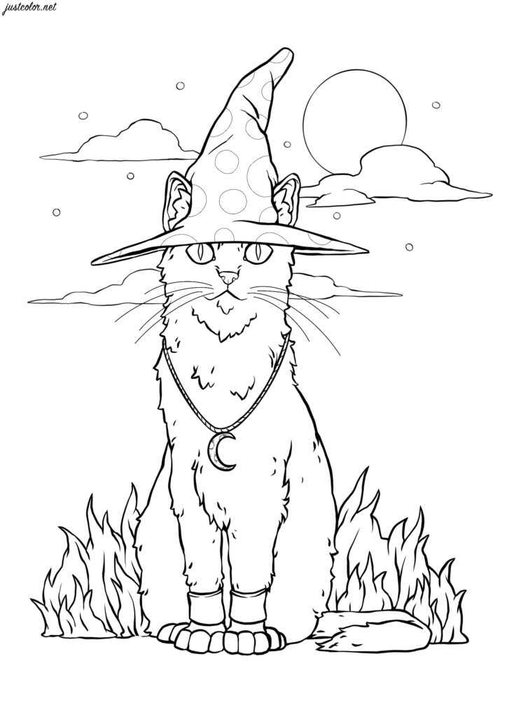 Outline coloring page of a fluffy cat wearing a pointed, spotted witch hat and crescent-moon pendant, seated among flames beneath clouds and a large moon.