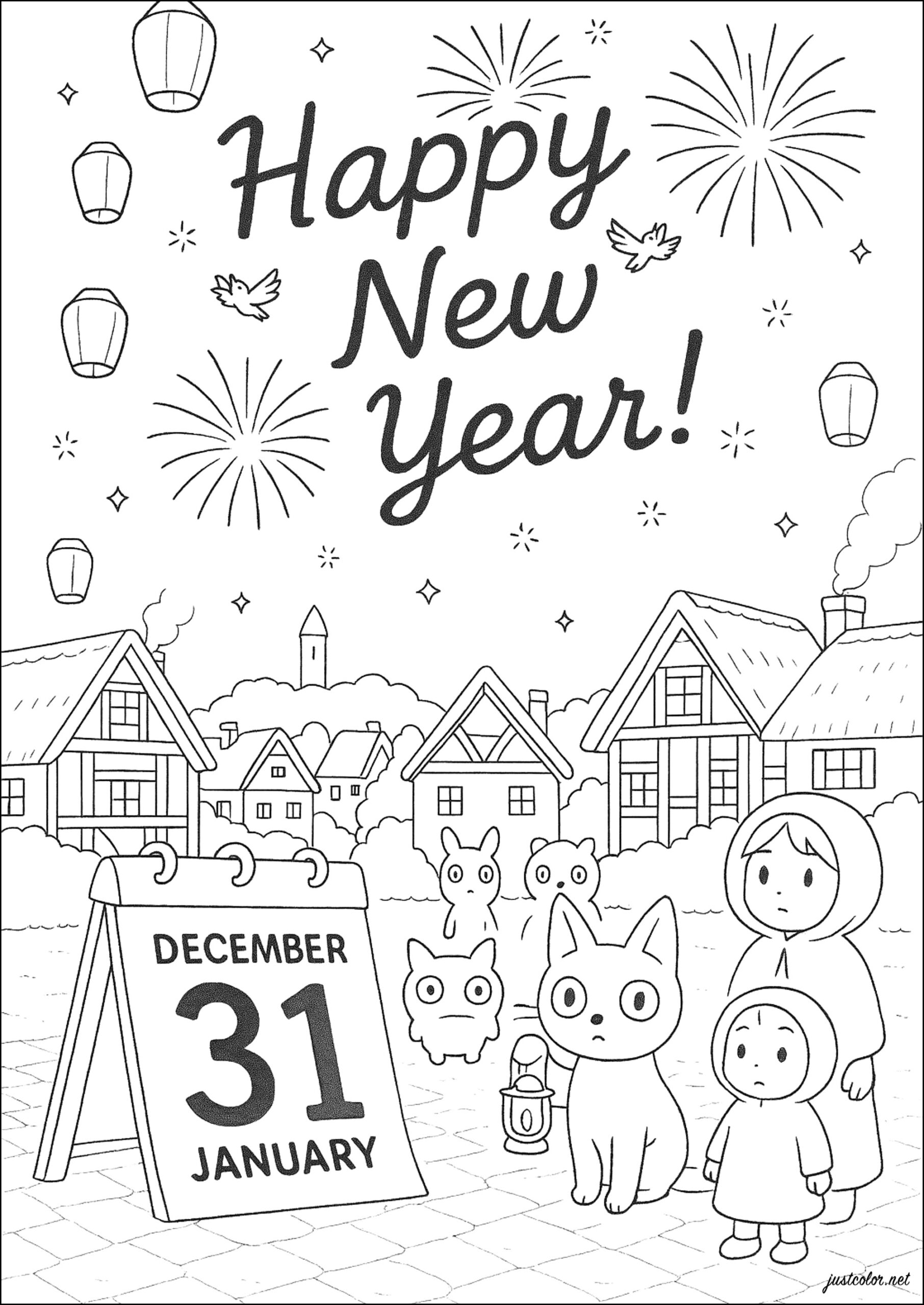 New Year coloring page with outlined “Happy New Year” lettering, fireworks, lanterns, a December 31 calendar, snowy houses, and people and cats.