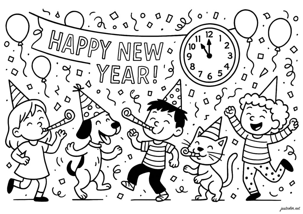 New Year’s coloring page showing children, a dog, and a cat celebrating with party hats, noisemakers, confetti, and a clock. “Happy New Year!” appears on a banner.