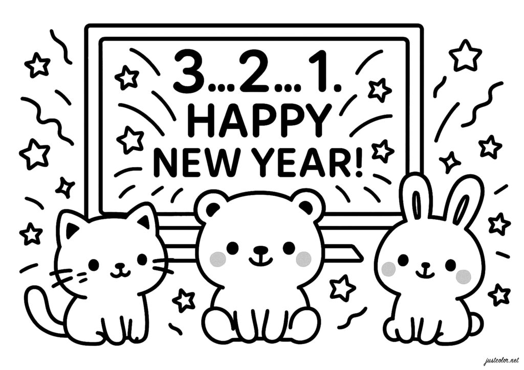 New Year coloring page with a framed “3...2...1. Happy New Year!” sign, fireworks, and outline drawings of a cat, bear, and rabbit.