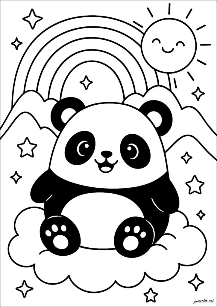 A cute panda sitting on a cloud beneath a rainbow and smiling sun, surrounded by stars, in bold black-and-white coloring-page outlines.