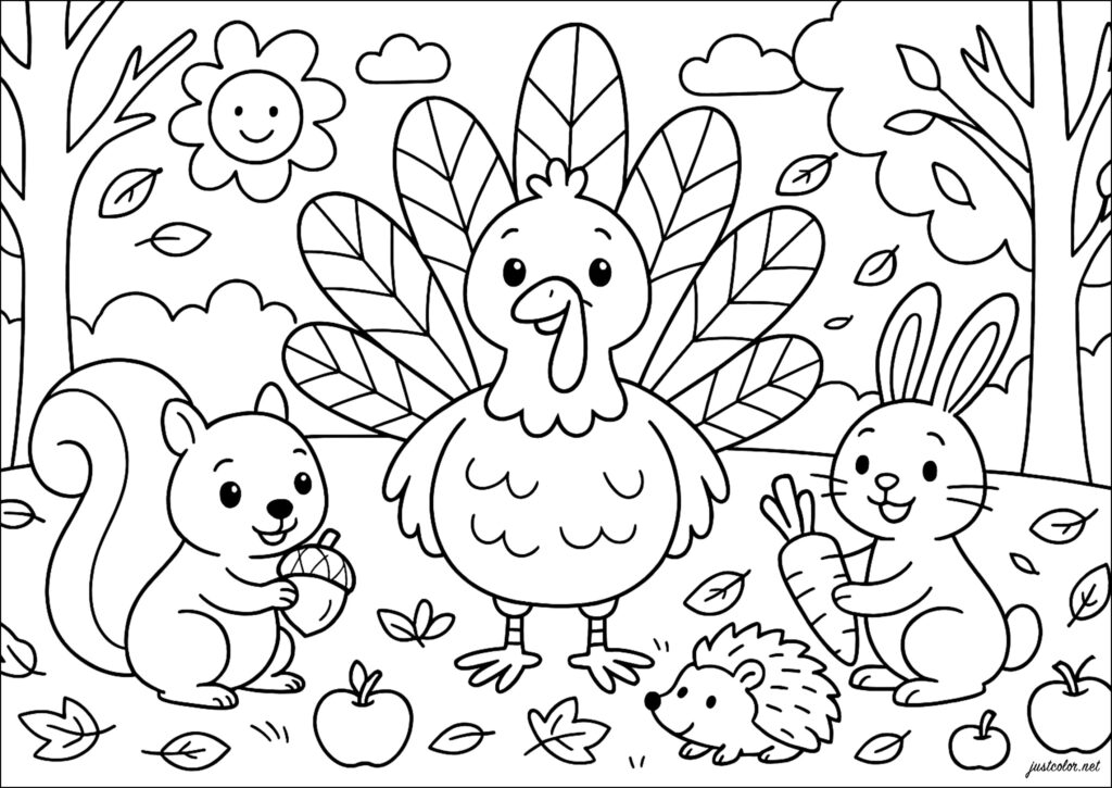 Thanksgiving coloring page showing a turkey among a squirrel holding an acorn, a rabbit with a carrot, and a hedgehog, surrounded by trees, leaves, and apples.