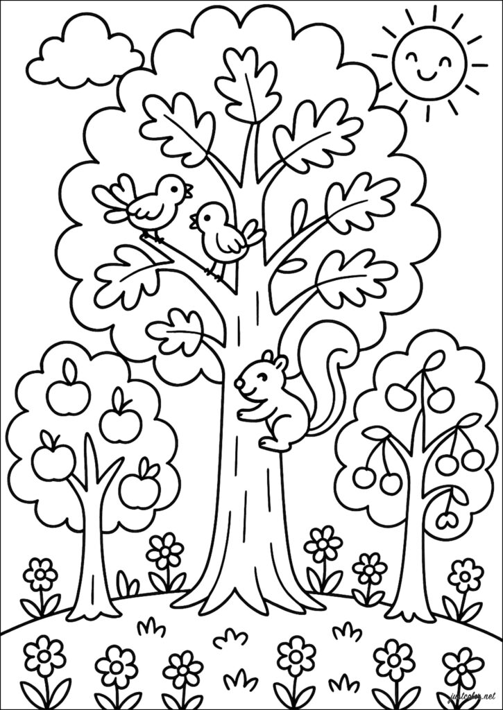 Black-and-white coloring page of a large tree with two birds and a squirrel, flanked by smaller apple and fruit trees. A smiling sun, clouds, flowers, and grass fill the scene.