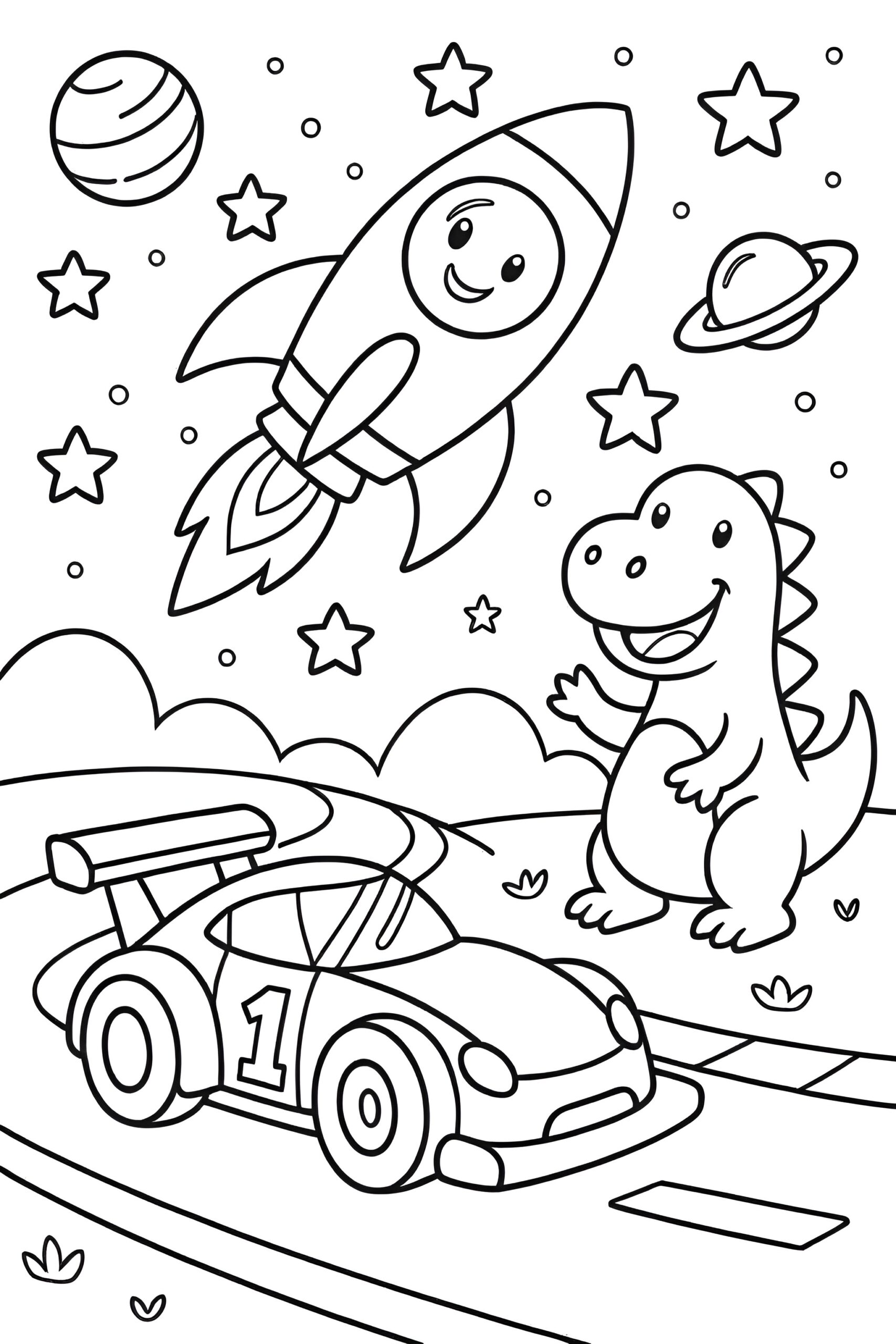 Black-and-white coloring page showing a smiling dinosaur beside a race car, with a rocket, planets, and stars in the background.