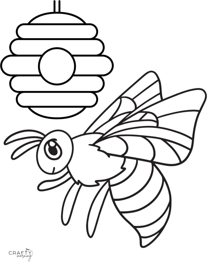 Black-and-white coloring page showing a large cartoon bee with striped body and wings beside a honey pot.