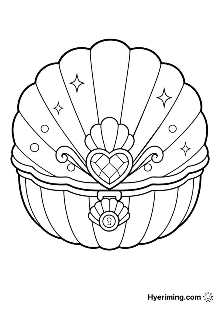 Black-and-white coloring-page illustration of a scalloped seashell-shaped treasure chest, decorated with a heart, stars, and a keyhole.