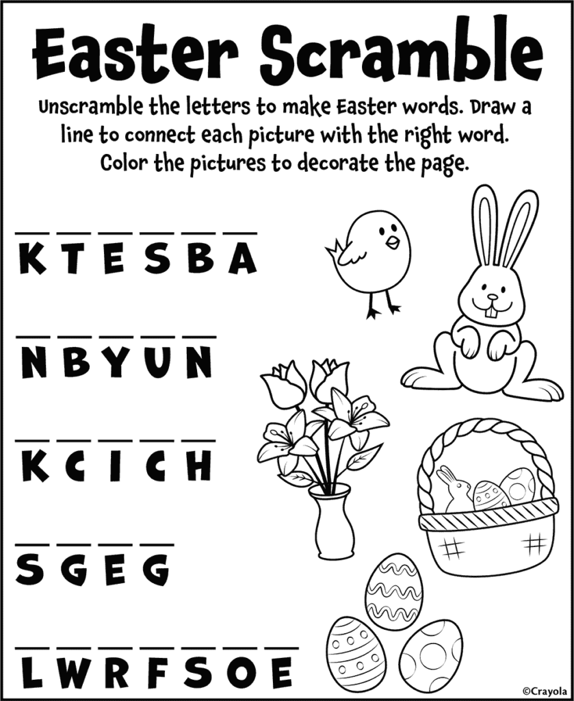 An Easter word-scramble worksheet with scrambled letter sets and line-art pictures of a chick, bunny, flowers, an egg basket, and decorated eggs to color.