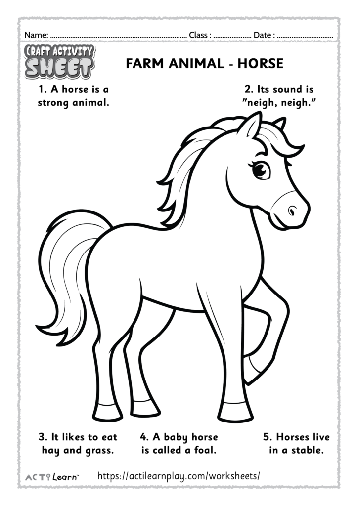 A farm-animal worksheet featuring a large outlined horse, with short facts about its strength, neighing sound, diet, foal, and stable habitat.
