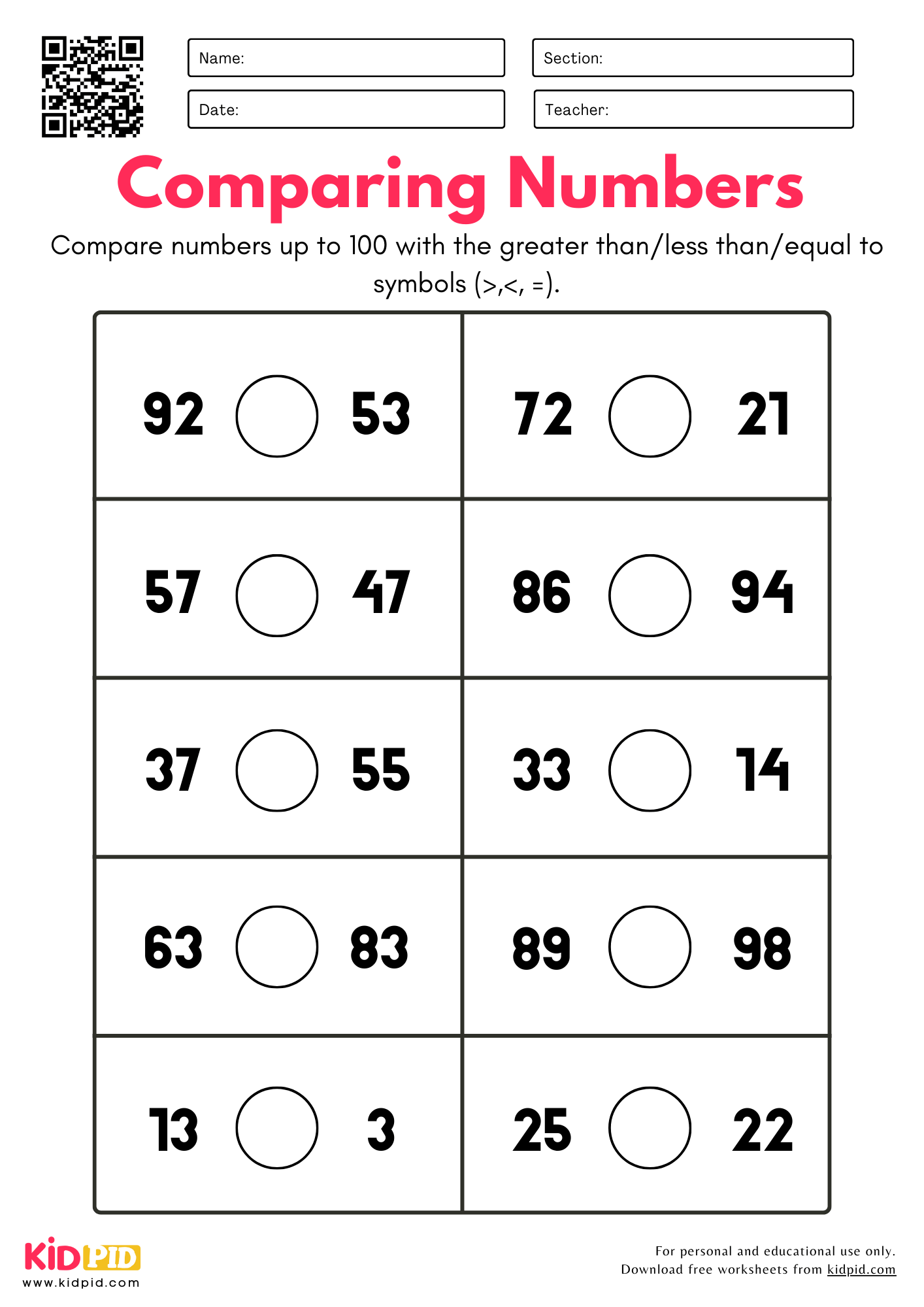 A number-comparison worksheet with ten pairs of numbers, each separated by a blank circle for writing a comparison symbol.