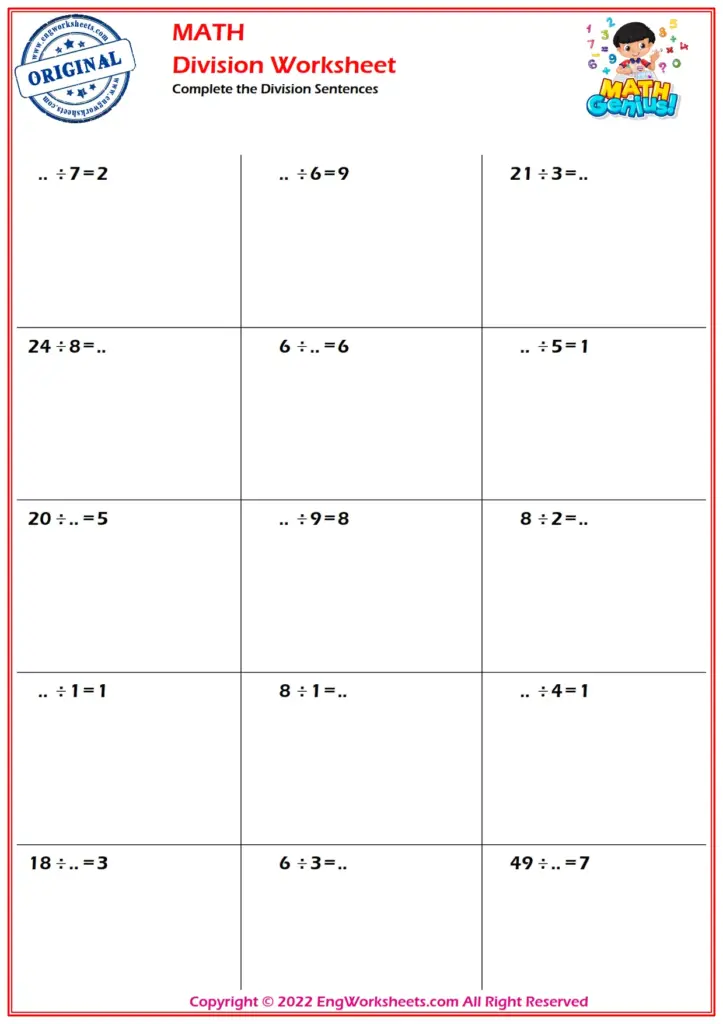 A math division worksheet titled “Division Worksheet,” with fifteen incomplete division sentences arranged in a three-column grid.