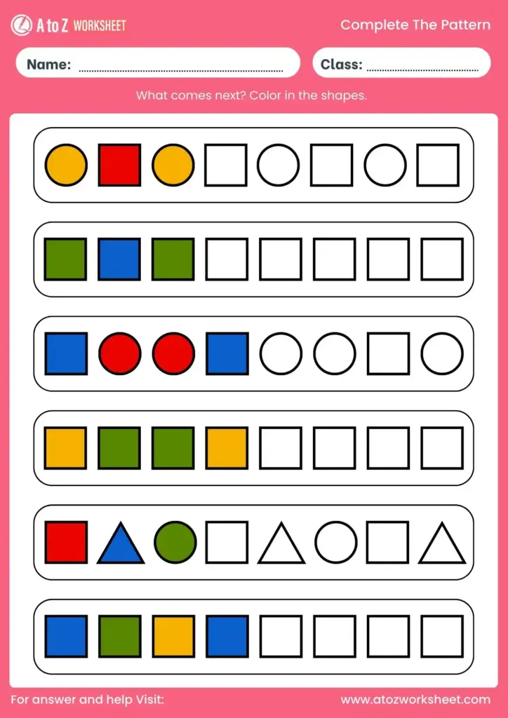 A colorful worksheet asks students to complete six repeating patterns using circles, squares, and triangles, with blank shapes to fill in.