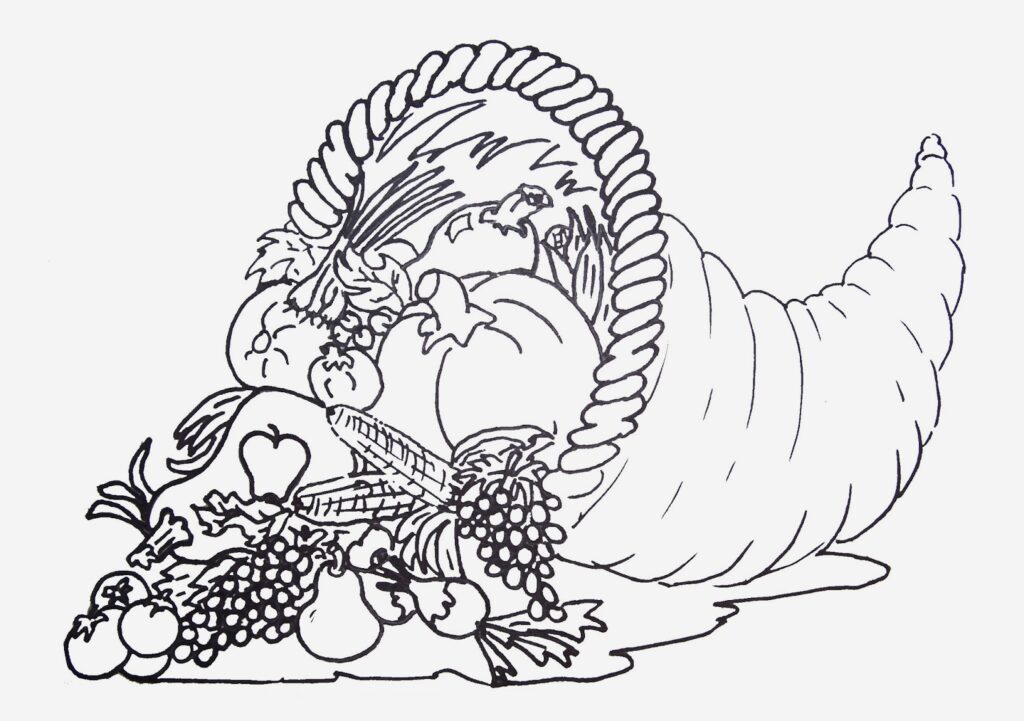 Black-and-white coloring-page illustration of a cornucopia overflowing with pumpkins, corn, grapes, apples, and other harvest produce.