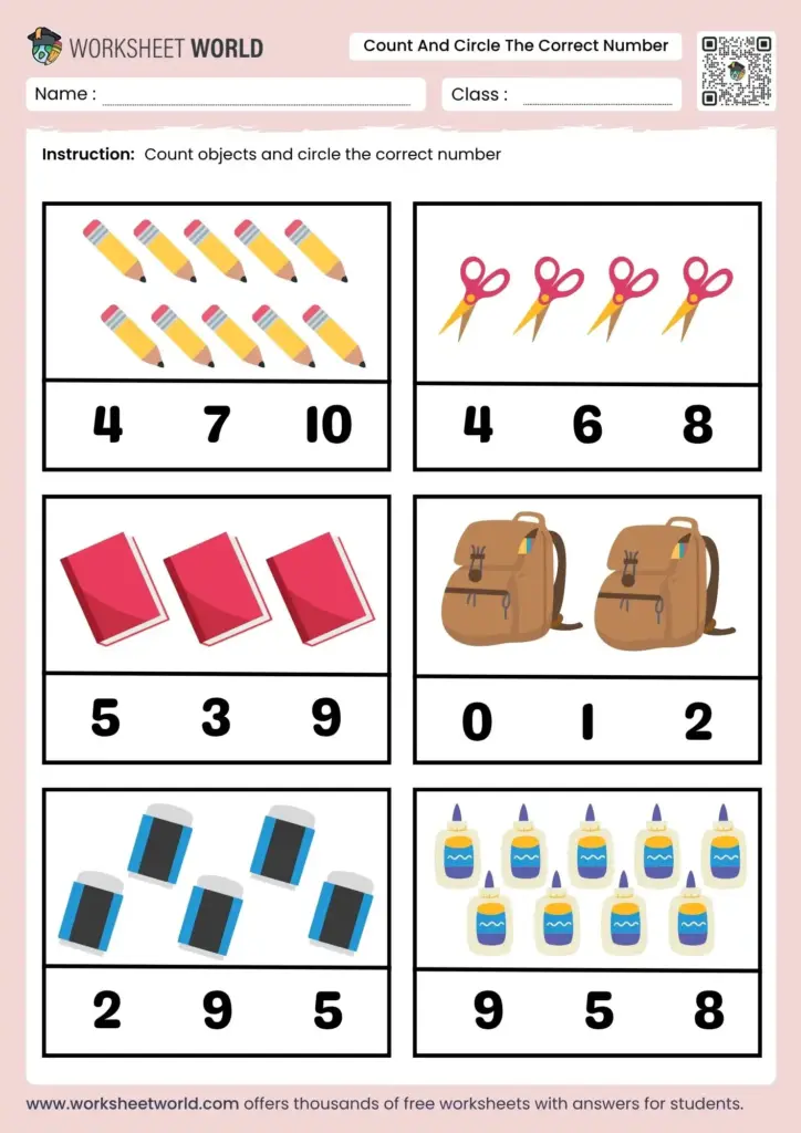 A counting worksheet with six picture groups—pencils, scissors, books, backpacks, erasers, and glue bottles—each paired with three number choices to circle.