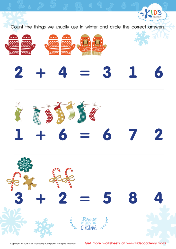 Winter-themed counting worksheet with pictures of mittens, stockings, and holiday treats, followed by addition problems with multiple-choice answers.