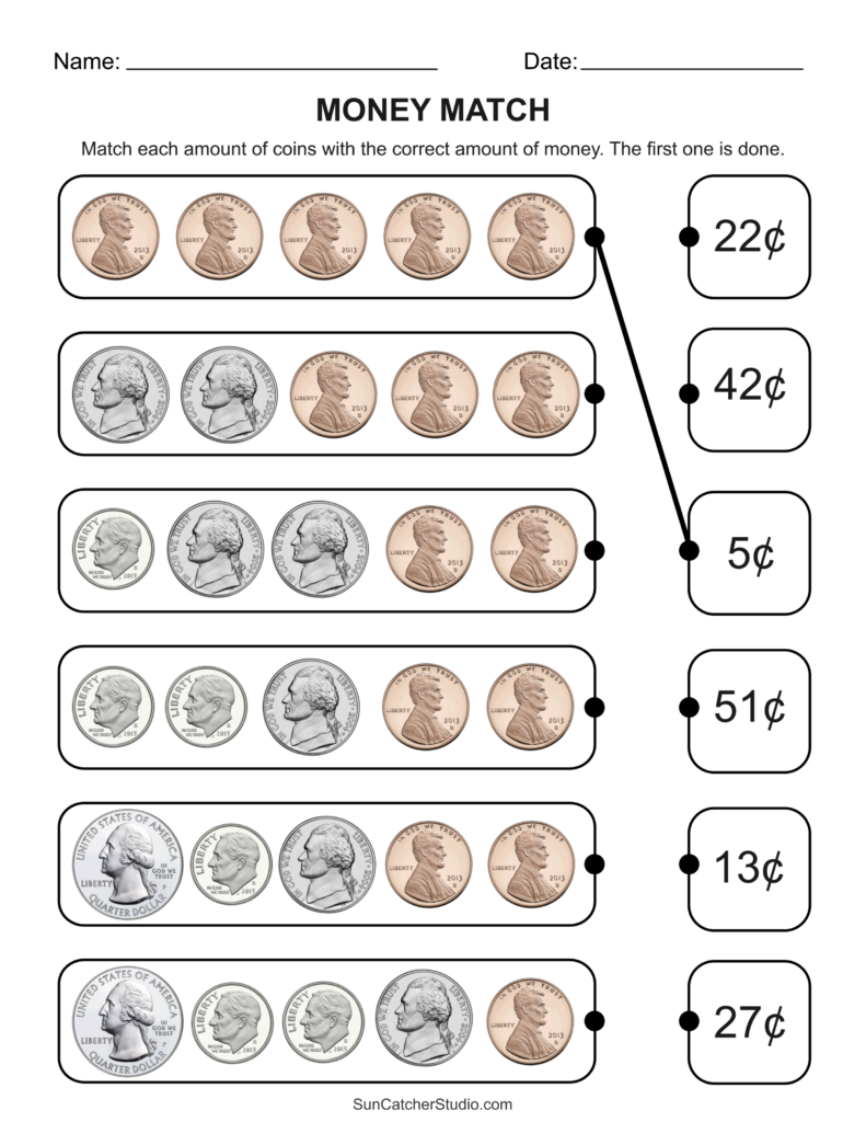 A money-matching worksheet shows rows of coin combinations to connect with value choices in cents; one example is already connected.
