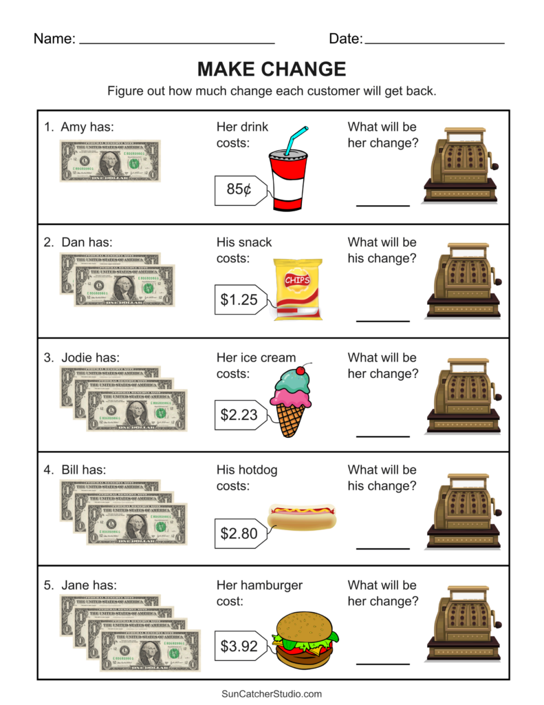 A “Make Change” worksheet with five customer scenarios showing dollar bills, item prices, and blank lines for calculating change.