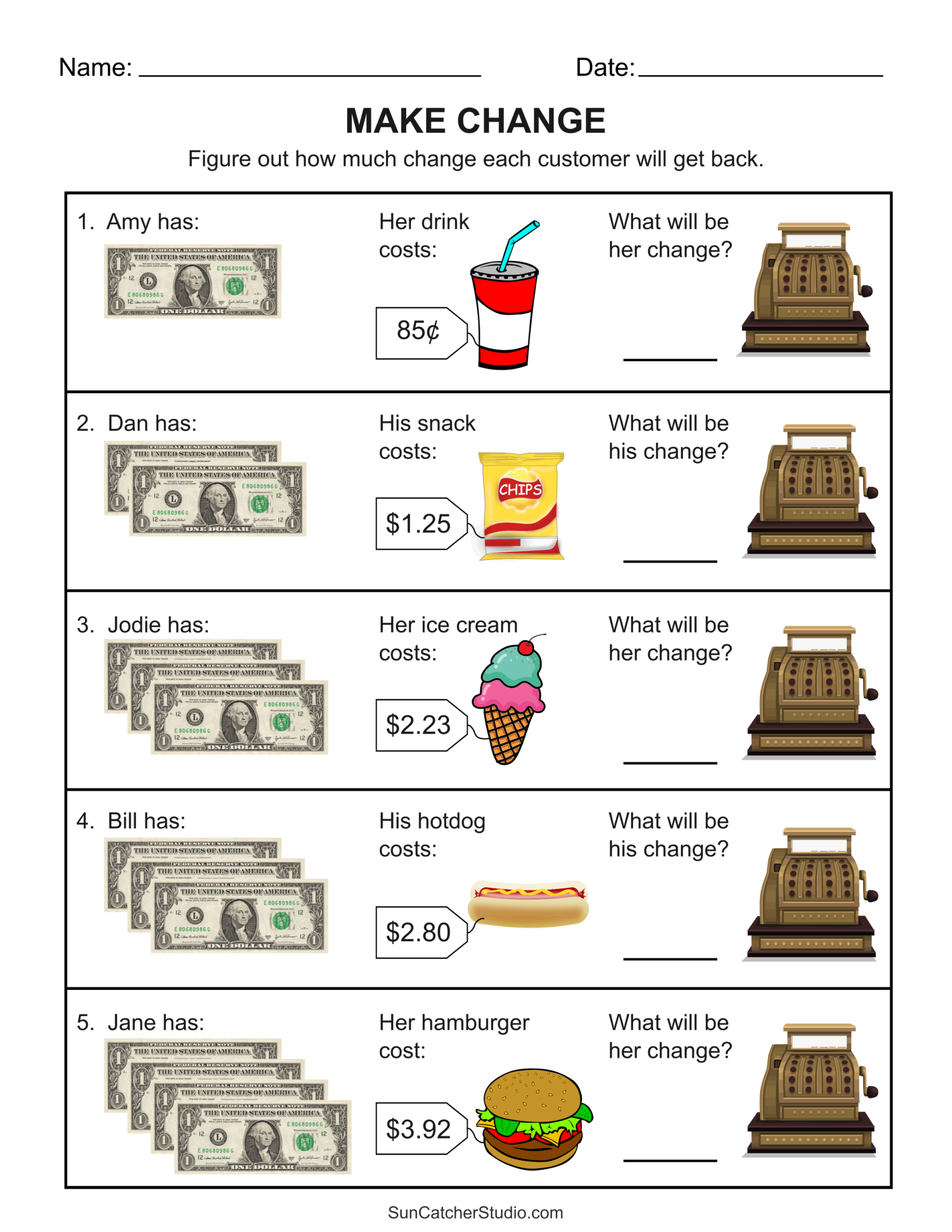 A “Make Change” worksheet with five customer scenarios showing dollar bills, item prices, and blank lines for calculating change.