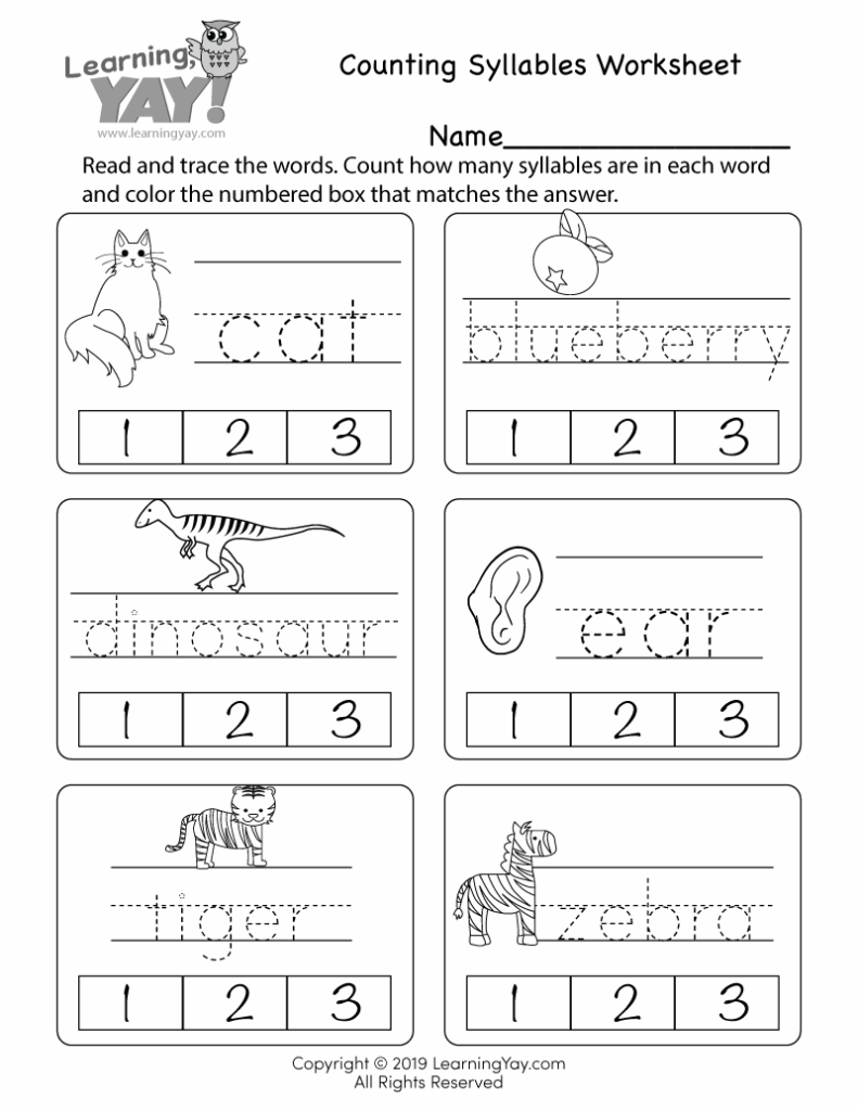A counting-syllables worksheet with animal illustrations and tracing words including cat, blueberry, dinosaur, ear, tiger, and zebra. Students choose among numbered boxes for each word.