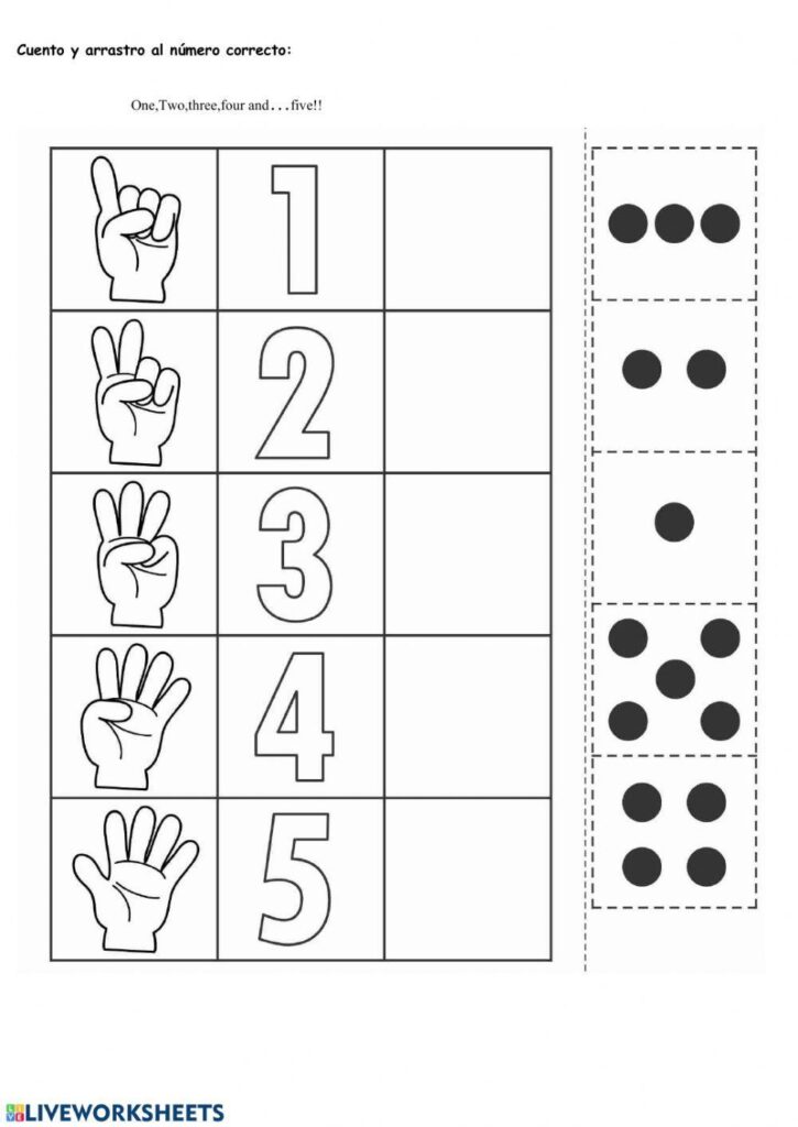 A number-matching worksheet for 1–5, with hand signs and numerals in a grid and detachable boxes showing groups of dots.