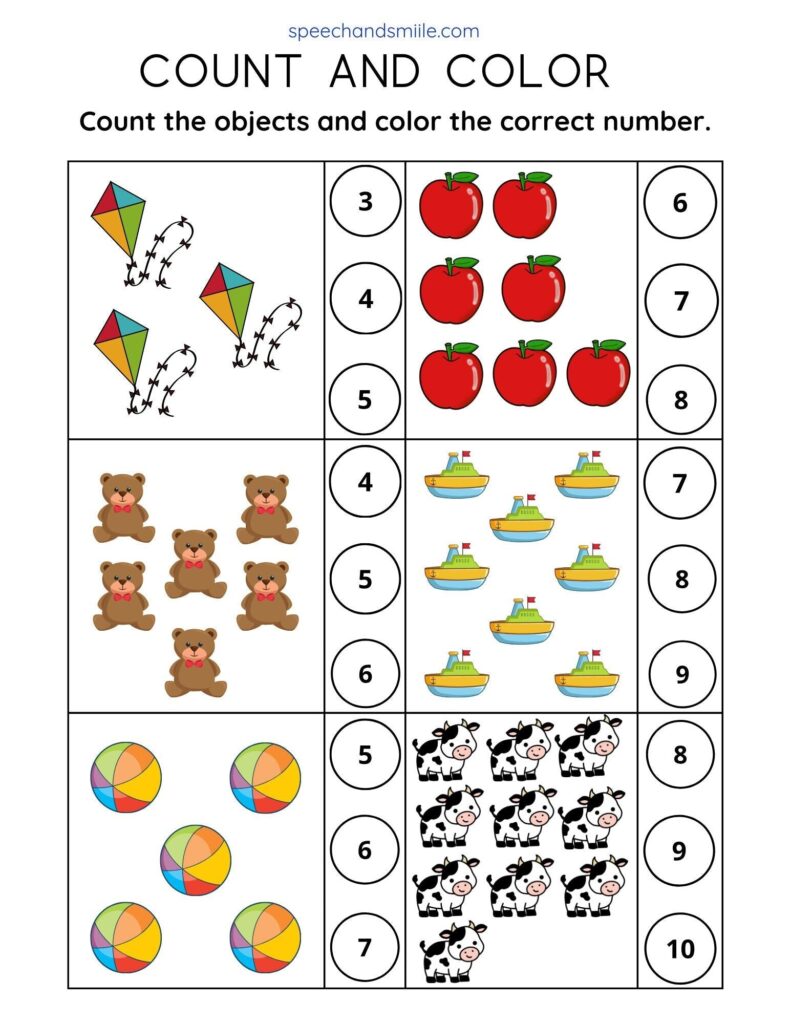 A preschool counting worksheet asks children to count and color the correct number, with groups of kites, apples, teddy bears, boats, beach balls, and cows.