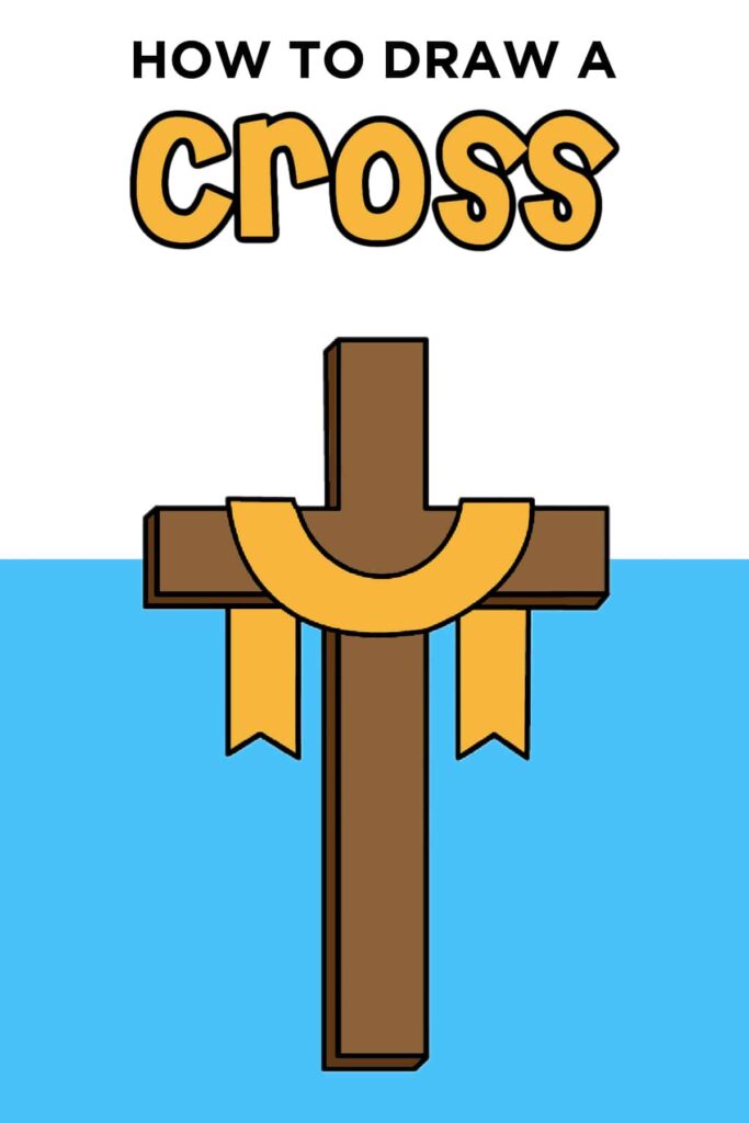 A brown wooden cross with a gold curved ornament and two hanging gold ribbons, shown beneath the title “How to Draw a Cross.”.