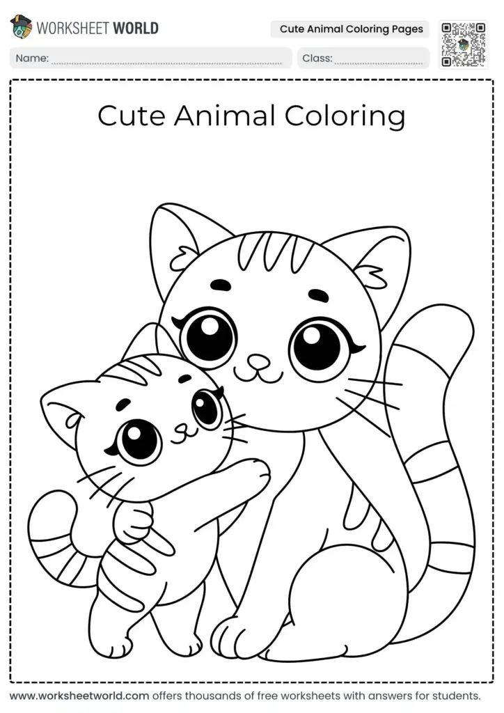 A coloring page showing a large striped cat sitting beside a smaller striped kitten, both with oversized eyes.