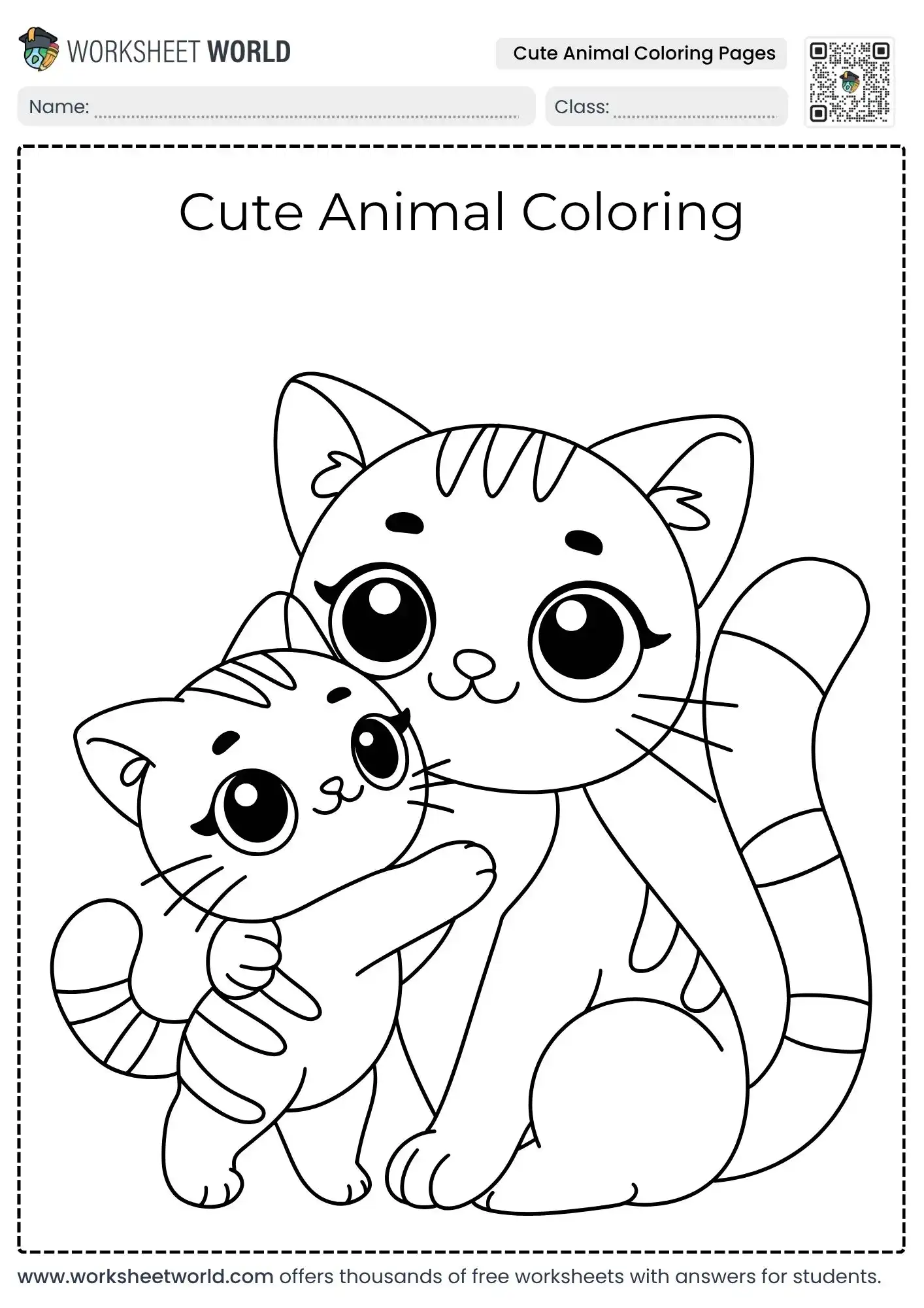 A coloring page showing a large striped cat sitting beside a smaller striped kitten, both with oversized eyes.