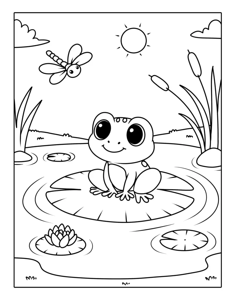 Coloring page of a smiling, big-eyed frog sitting on a lily pad in a pond, with a dragonfly, water lilies, reeds, clouds, and sun.
