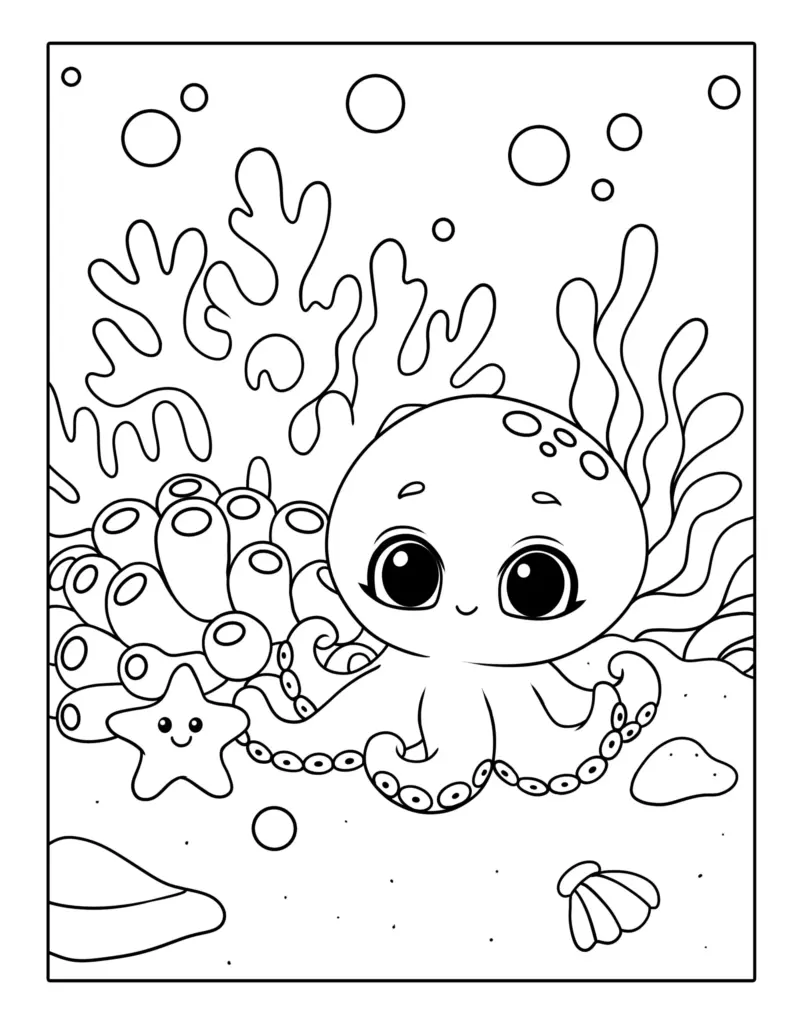 A smiling cartoon octopus with curling tentacles and a smiling starfish among coral, seaweed, bubbles, and a shell, drawn in bold outlines for coloring.