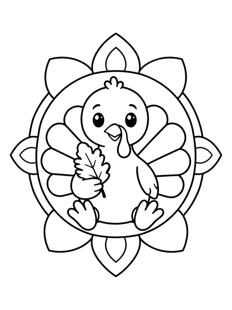 Simple outline coloring page of a cheerful cartoon turkey holding a leafy sprig, surrounded by decorative feathers.