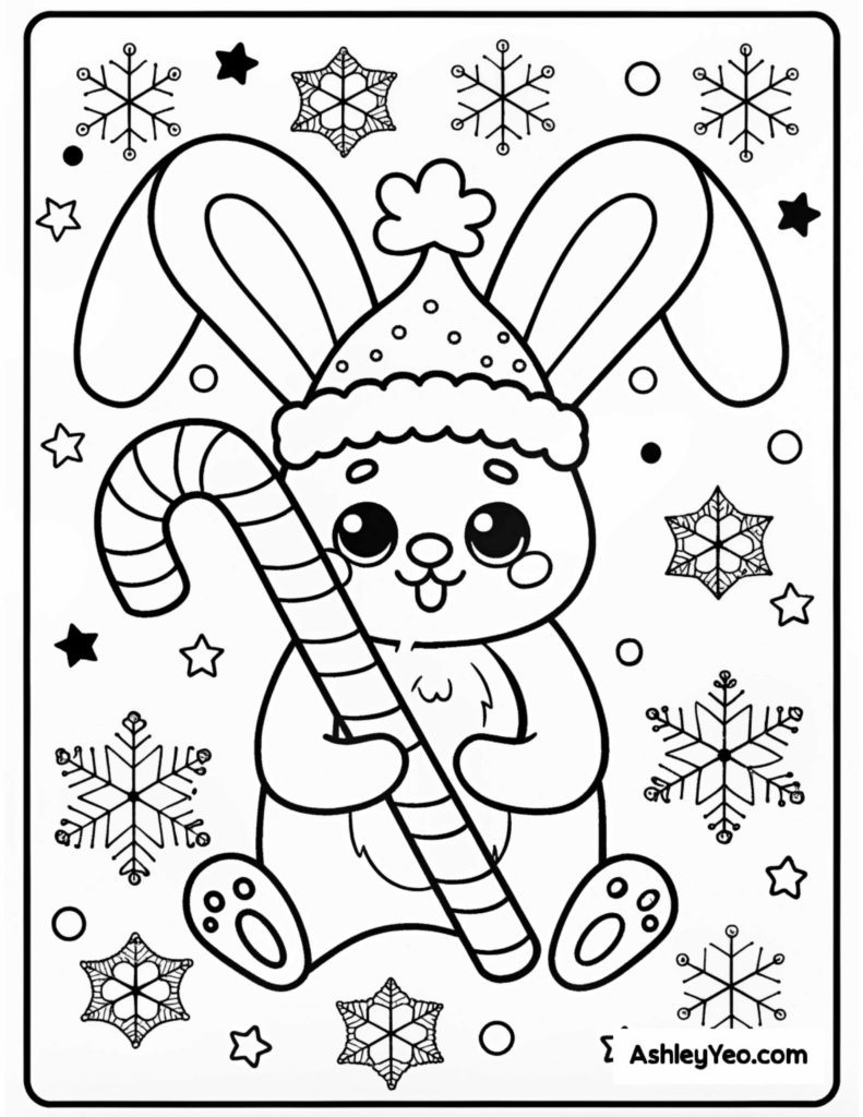 A cute bunny wearing a winter hat holds a striped candy cane, surrounded by snowflakes and stars.