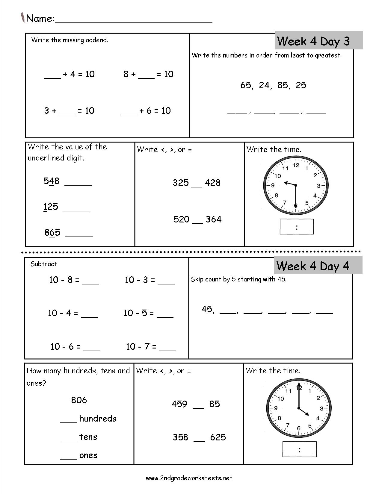 A second-grade math worksheet with problems on addition, subtraction, ordering numbers, place value, comparing values, skip counting, and reading clock faces.