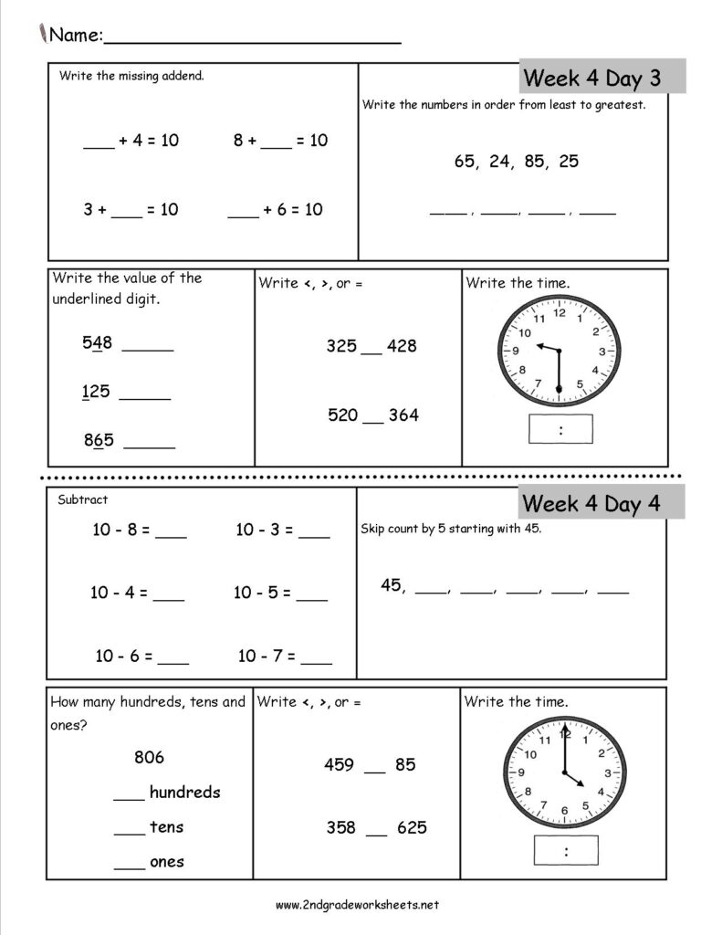 Two elementary math worksheet sections with fill-in problems for addition, number ordering, place value, comparisons, subtraction, skip counting, and reading analog clocks.