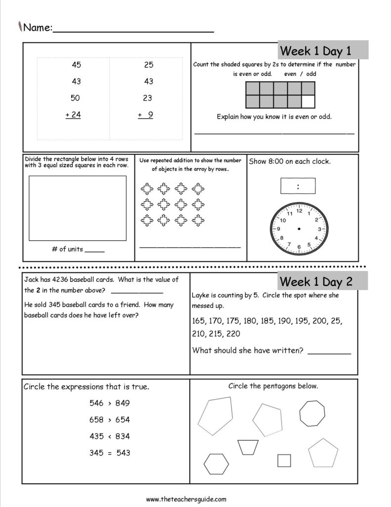 A third-grade math worksheet with arithmetic problems, even-or-odd shading, arrays, clock reading, place value, skip counting, comparisons, and polygon identification.