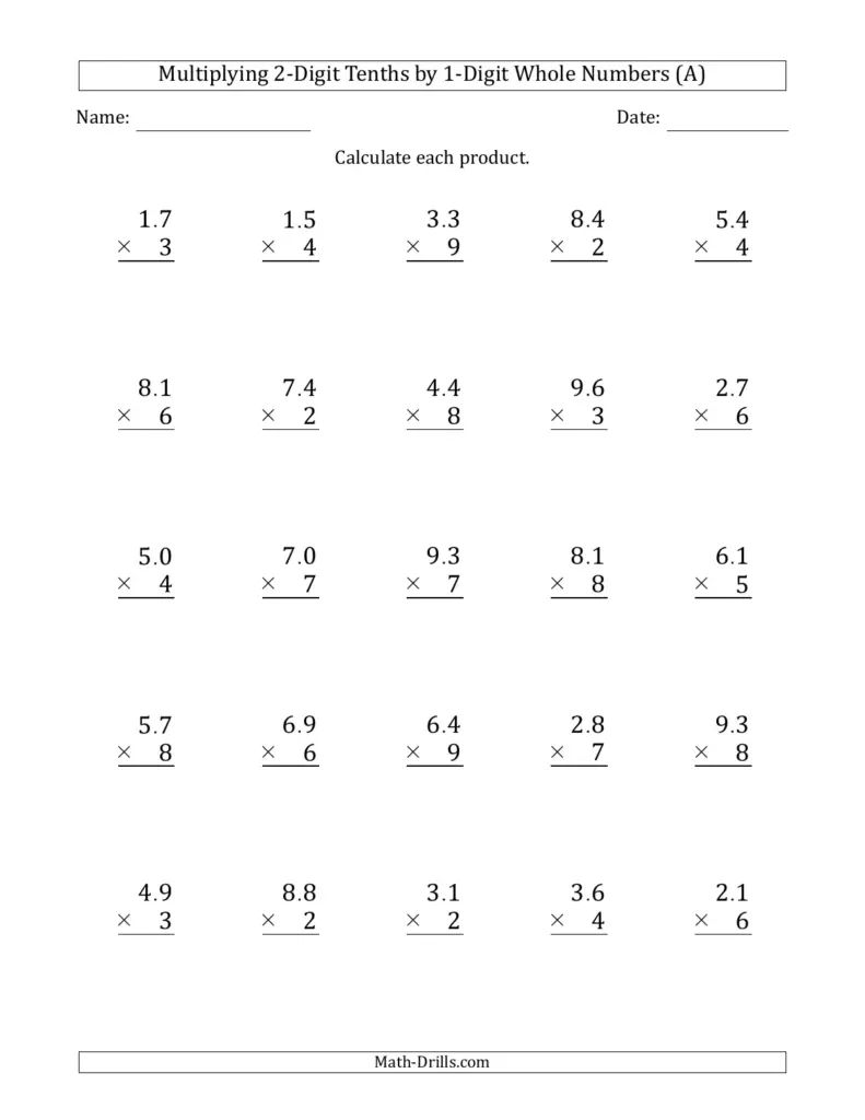 A worksheet titled “Multiplying 2-Digit Tenths by 1-Digit Whole Numbers” with five rows of decimal multiplication problems and spaces to calculate each product.