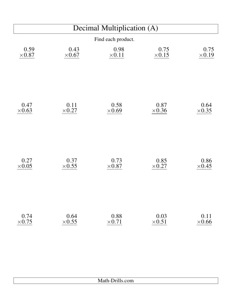 A worksheet titled “Decimal Multiplication (A)” presents rows of decimal multiplication problems under the instruction “Find each product.”.