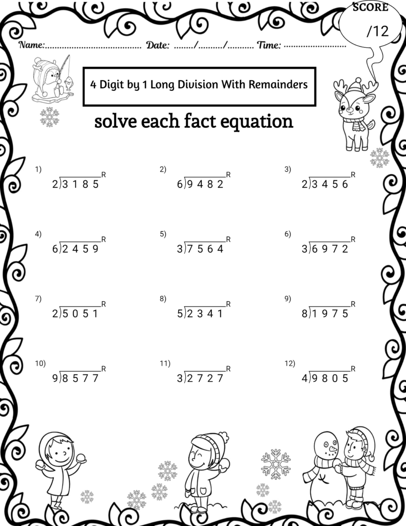 A winter-themed long-division worksheet with twelve problems, name and date lines, and a score box, decorated with snowflakes and snow characters.