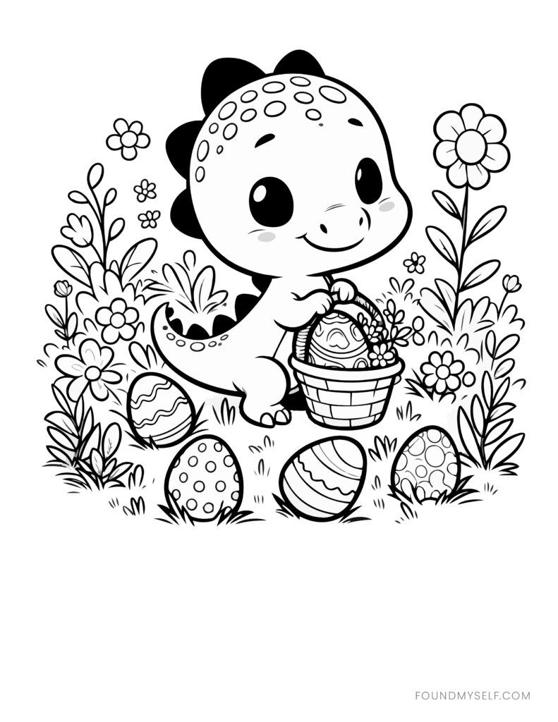 Easter coloring page showing a smiling dinosaur holding a basket among flowers and decorated eggs.