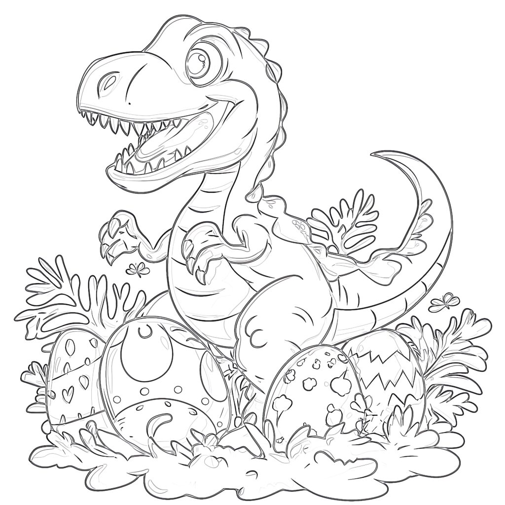 A smiling cartoon dinosaur with an open mouth stands among patterned Easter eggs, leafy plants, and small flowers in an uncolored outline illustration.