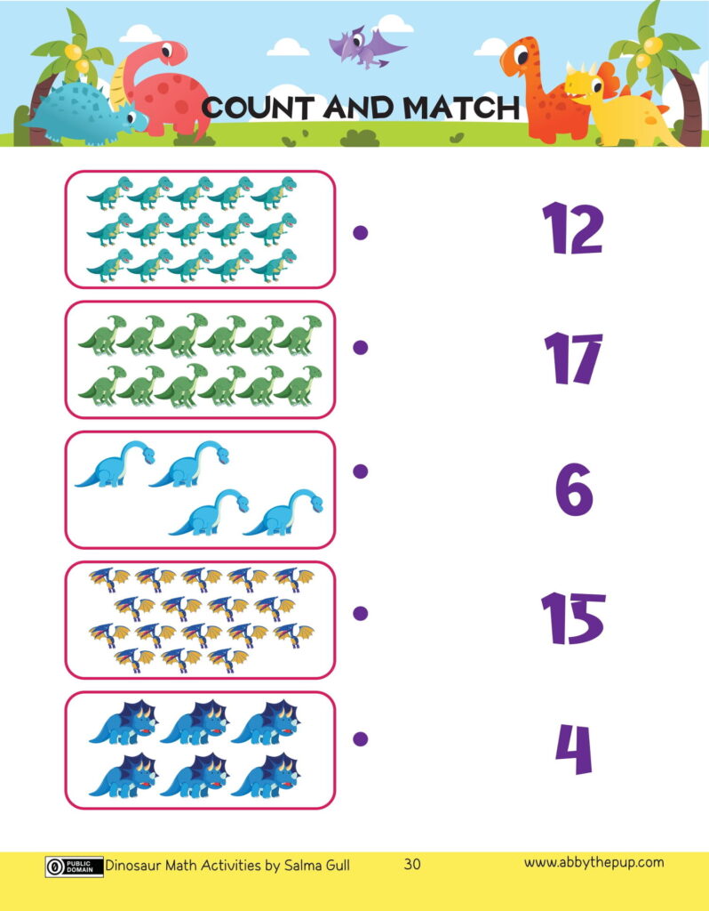 A dinosaur counting-and-matching worksheet shows five boxed groups of dinosaur illustrations alongside number choices 12, 17, 6, 15, and 4.