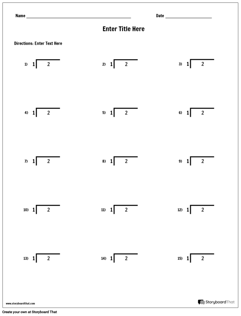 A blank long-division worksheet with name and date lines, a title and directions placeholder, and 15 numbered problems arranged in three columns.