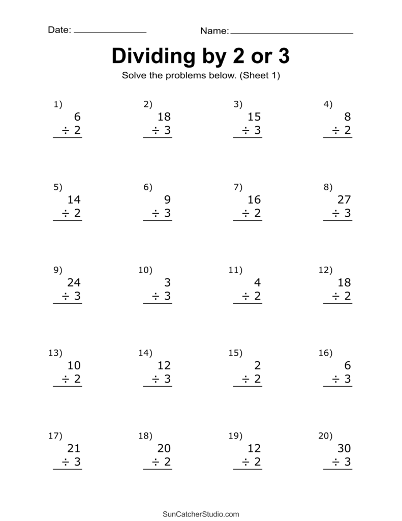 A worksheet titled “Dividing by 2 or 3” with 20 numbered division problems and blank lines for answers.