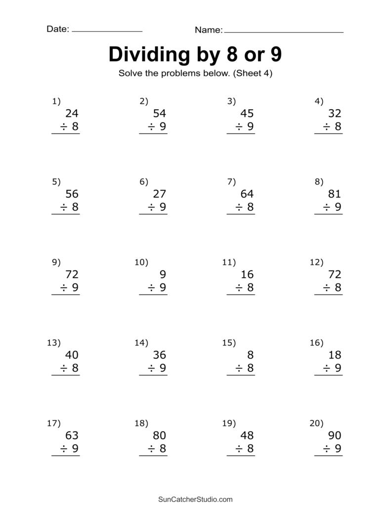 A worksheet titled “Dividing by 8 or 9” with 20 numbered division problems arranged in four columns and five rows.