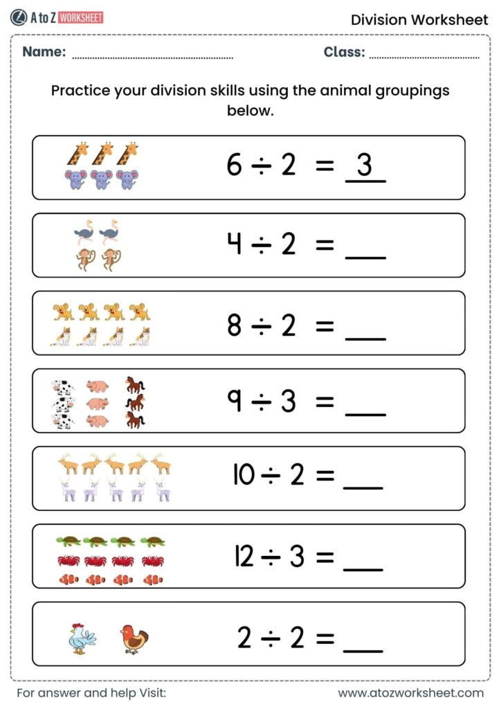 Division worksheet with animal illustrations, name and class fields, and seven division problems with answer blanks.