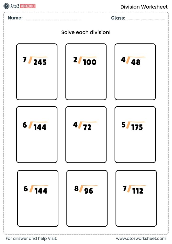 A division worksheet with nine problems arranged in a three-by-three grid, including 245 ÷ 7, 100 ÷ 2, and 48 ÷ 4.
