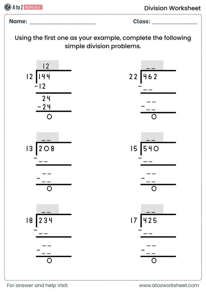 A division worksheet with a worked long-division example and five unfinished problems, plus name and class lines.